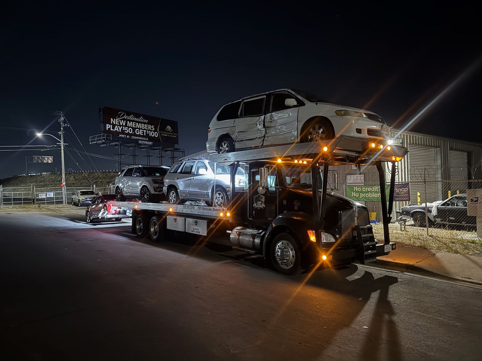 Nighttime vehicle recovery on an On The Go Towing truck